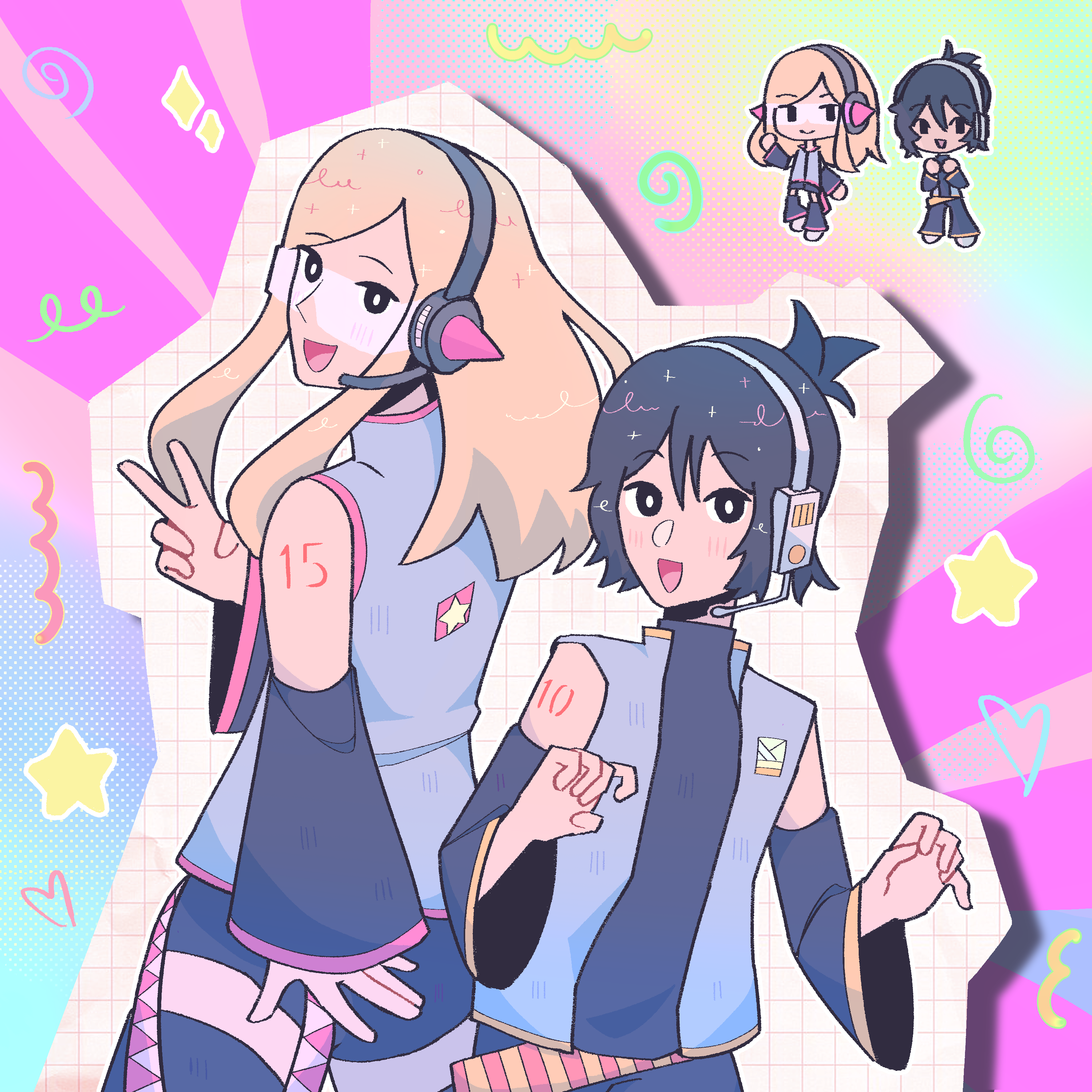 i drew us in vocaloid outfits also